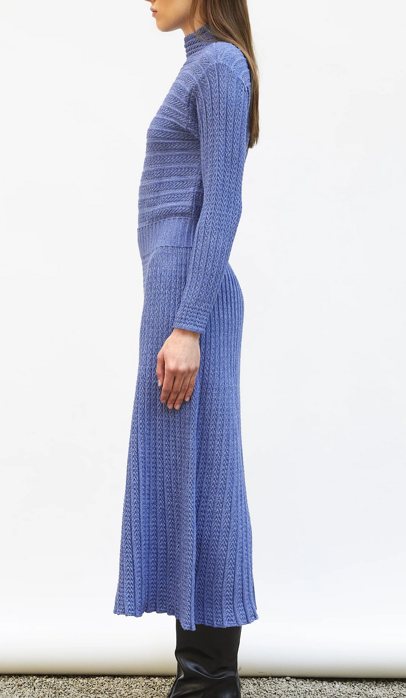 laurence long dress in pleated knit denim