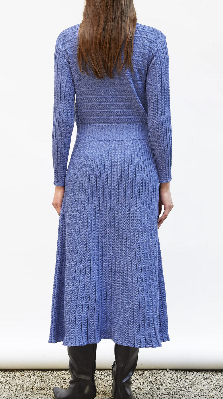 laurence long dress in pleated knit denim