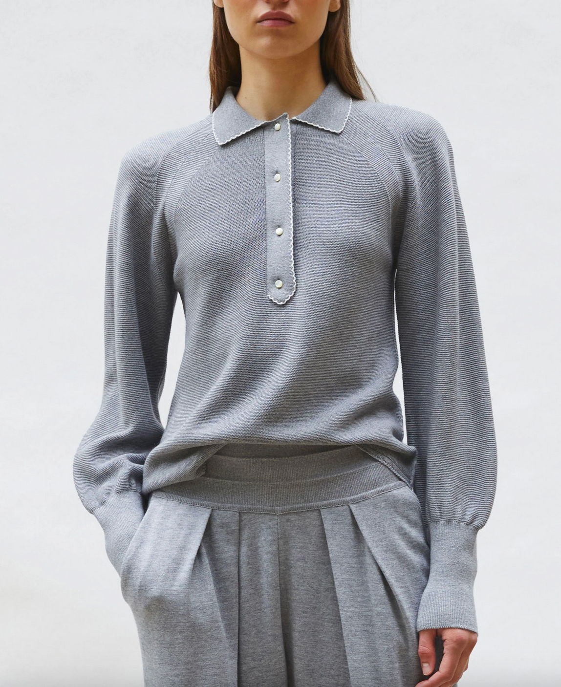 Didi fine polo shirt with picot edging middle grey natural