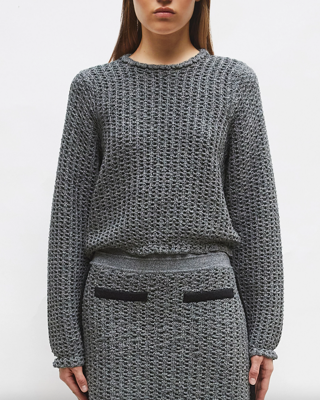 Dahlia round collared top tweed knit black mottled