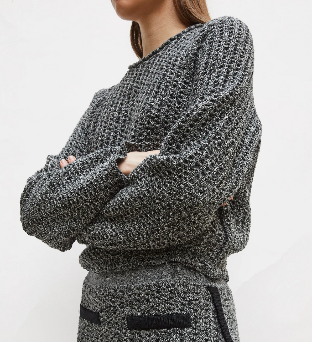 Dahlia round collared top tweed knit black mottled