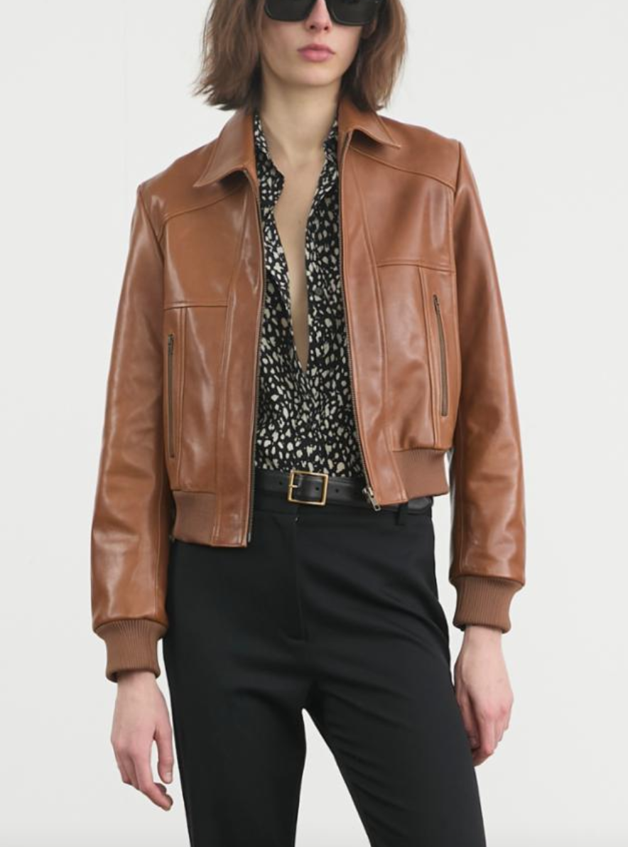 sue leather bomber jacket cognac