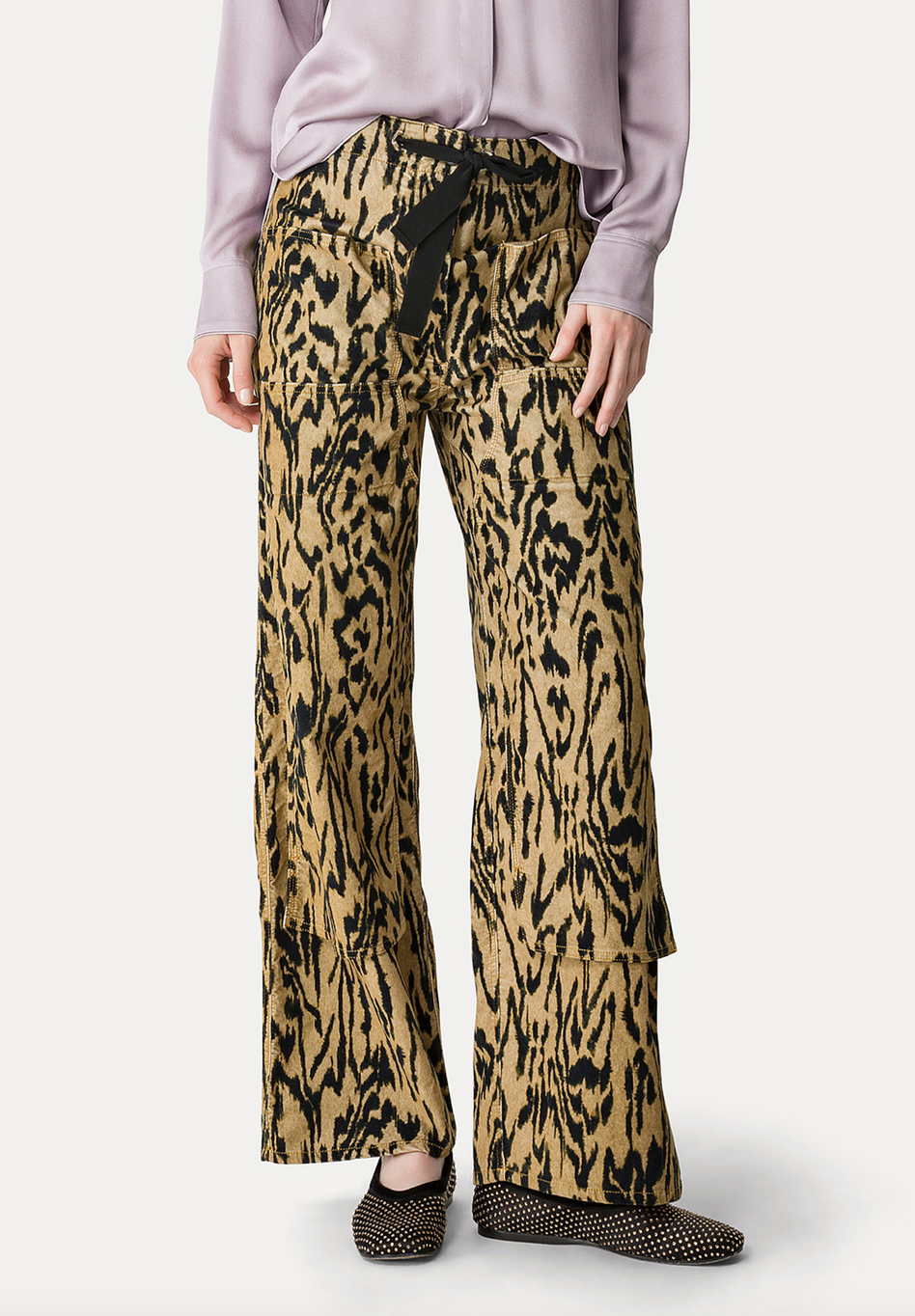 cargo trousers in cotton velvet with moire print honey
