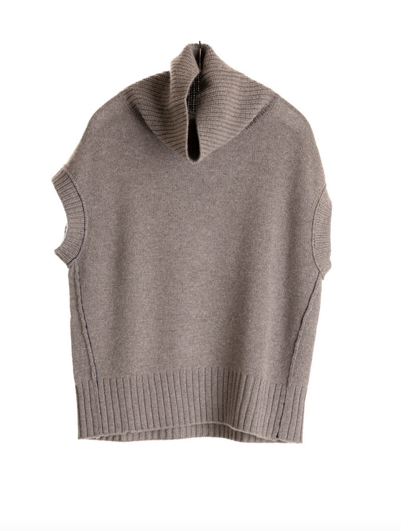 Mock pullover cashmere sleeveless elephant gray