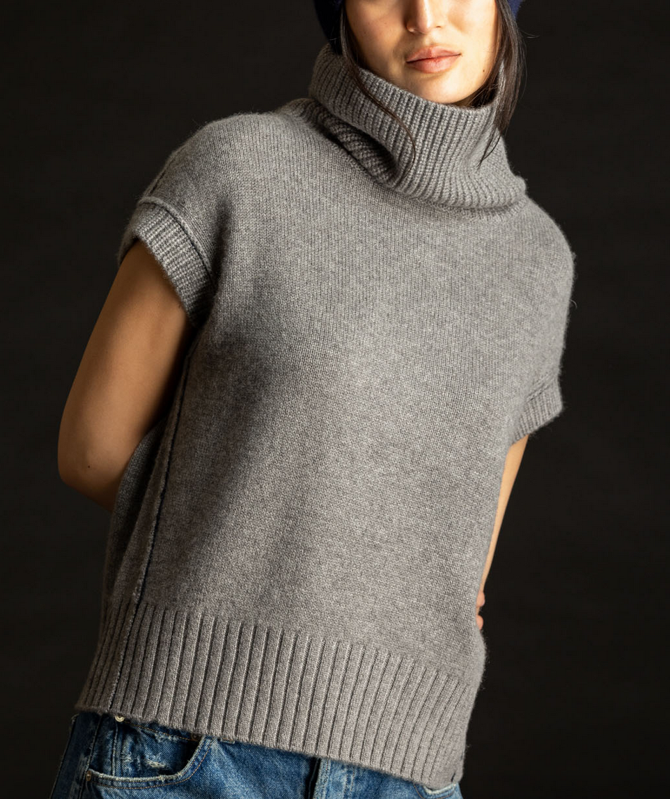 Mock pullover cashmere sleeveless elephant gray