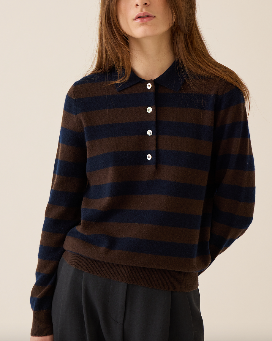 Demira stripe cashmere polo sweater espresso navy