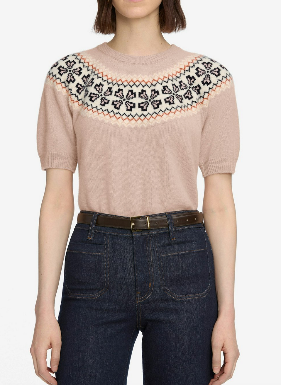 the cashmere fairisle crew sweater pink sand