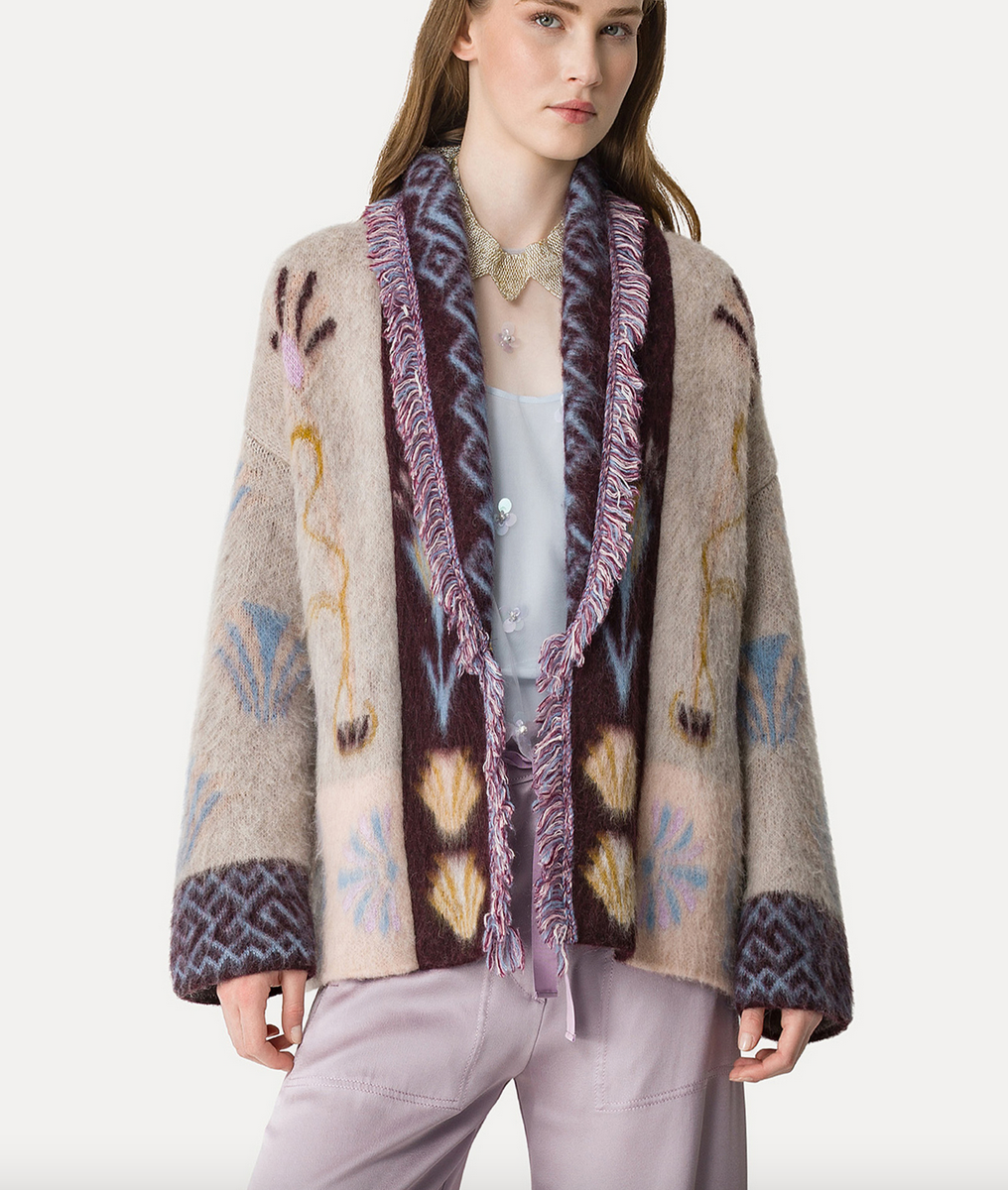 Sogni jacquard longline cardigan coat in baby alpaca avorio