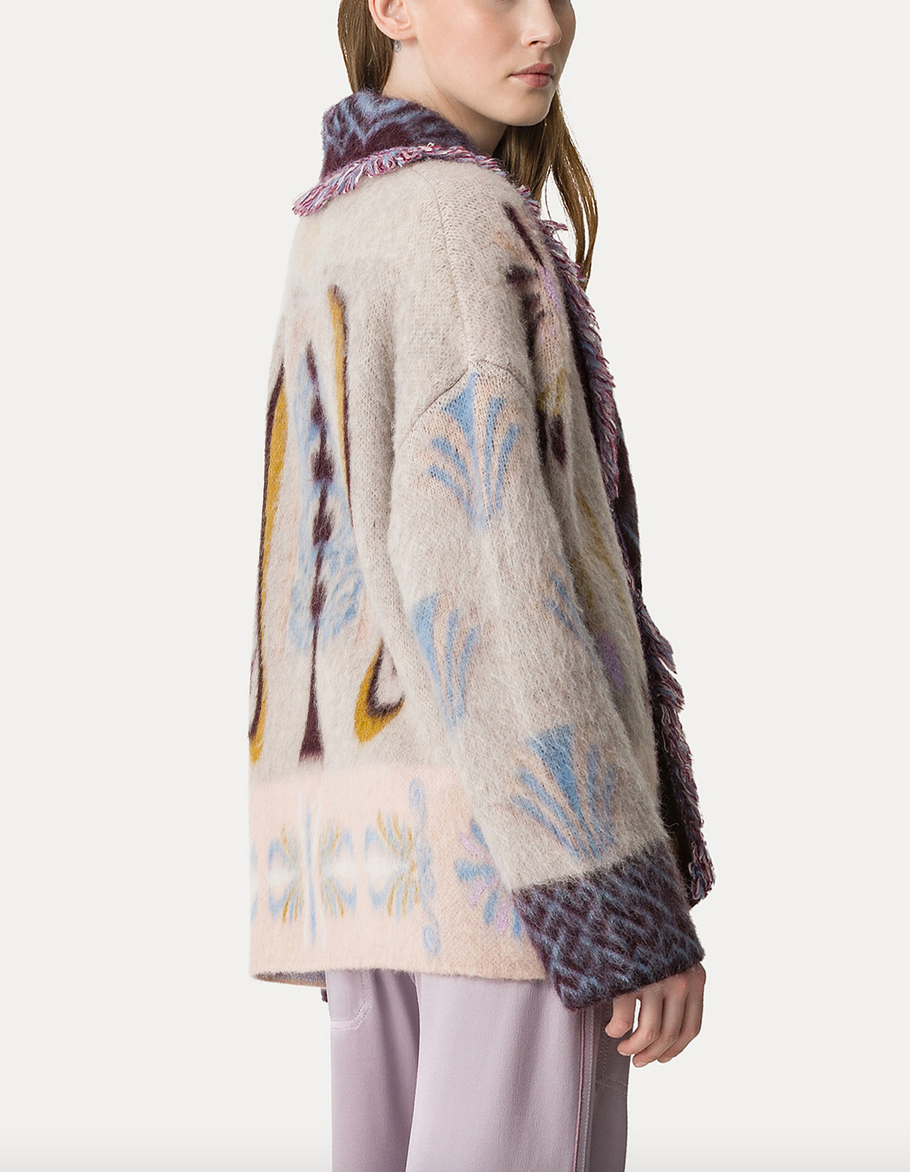 Sogni jacquard longline cardigan coat in baby alpaca avorio