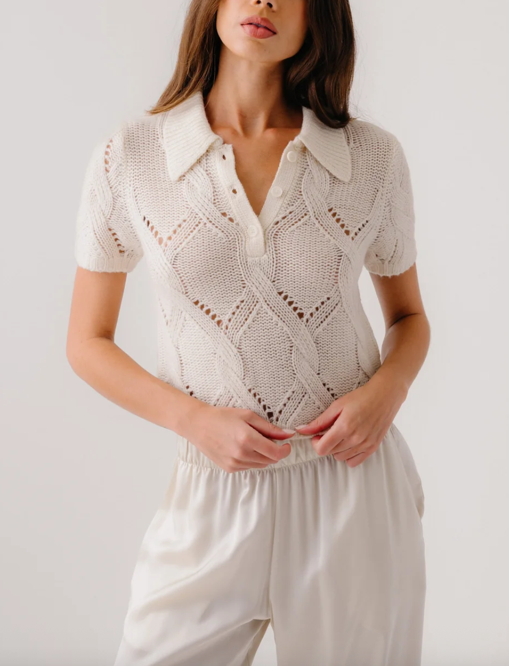 cadence shrunken cable cashmere polo gardenia