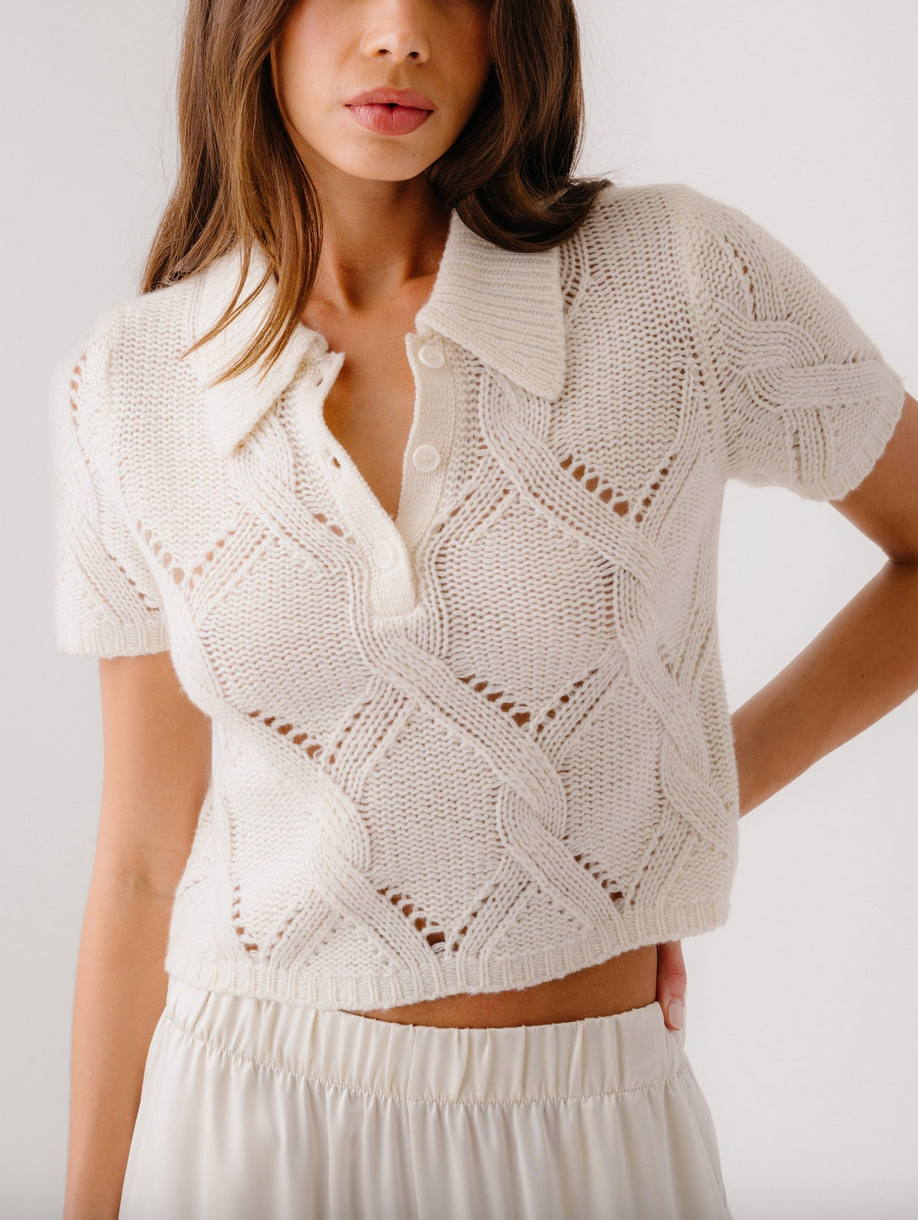 cadence shrunken cable cashmere polo gardenia