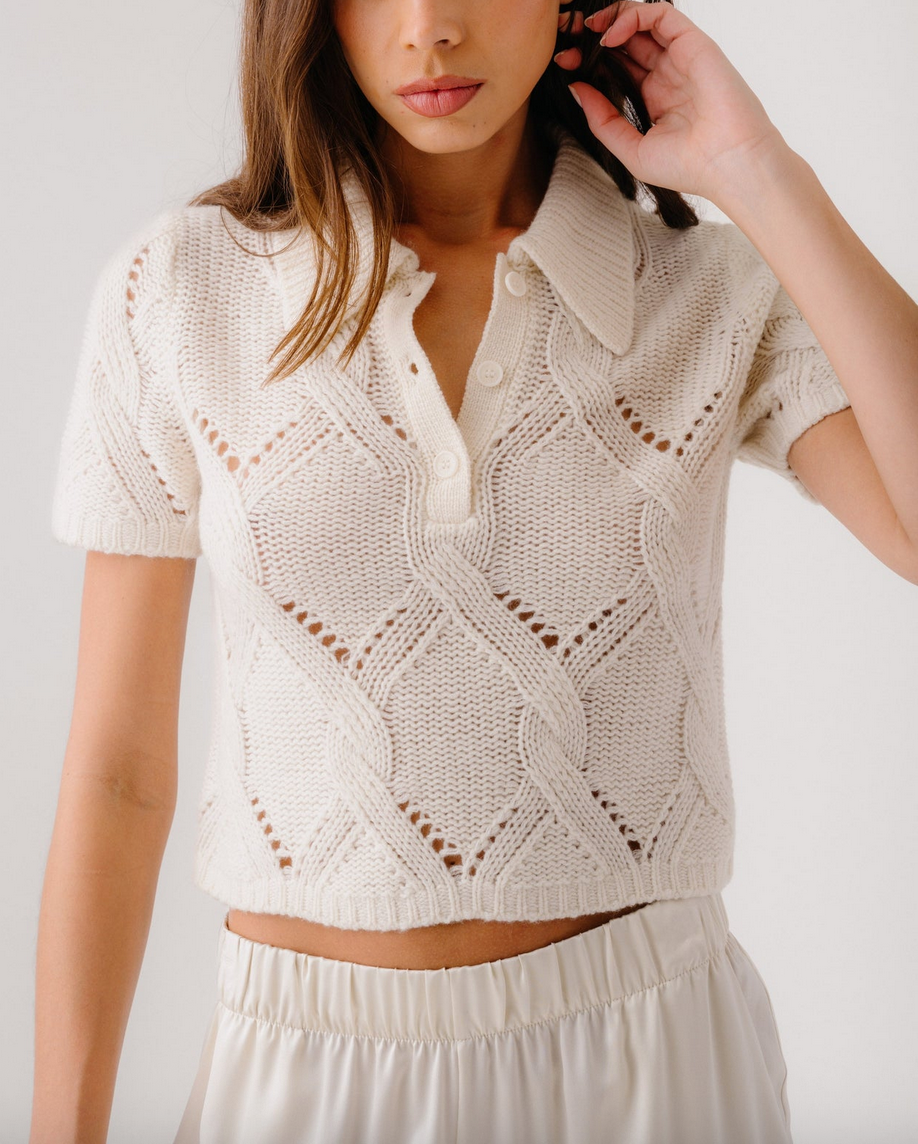 cadence shrunken cable cashmere polo gardenia