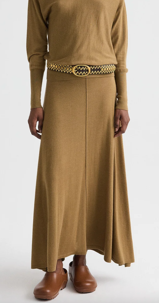 ermine hankercheif hem skirt with wide waistband in fine wool silk