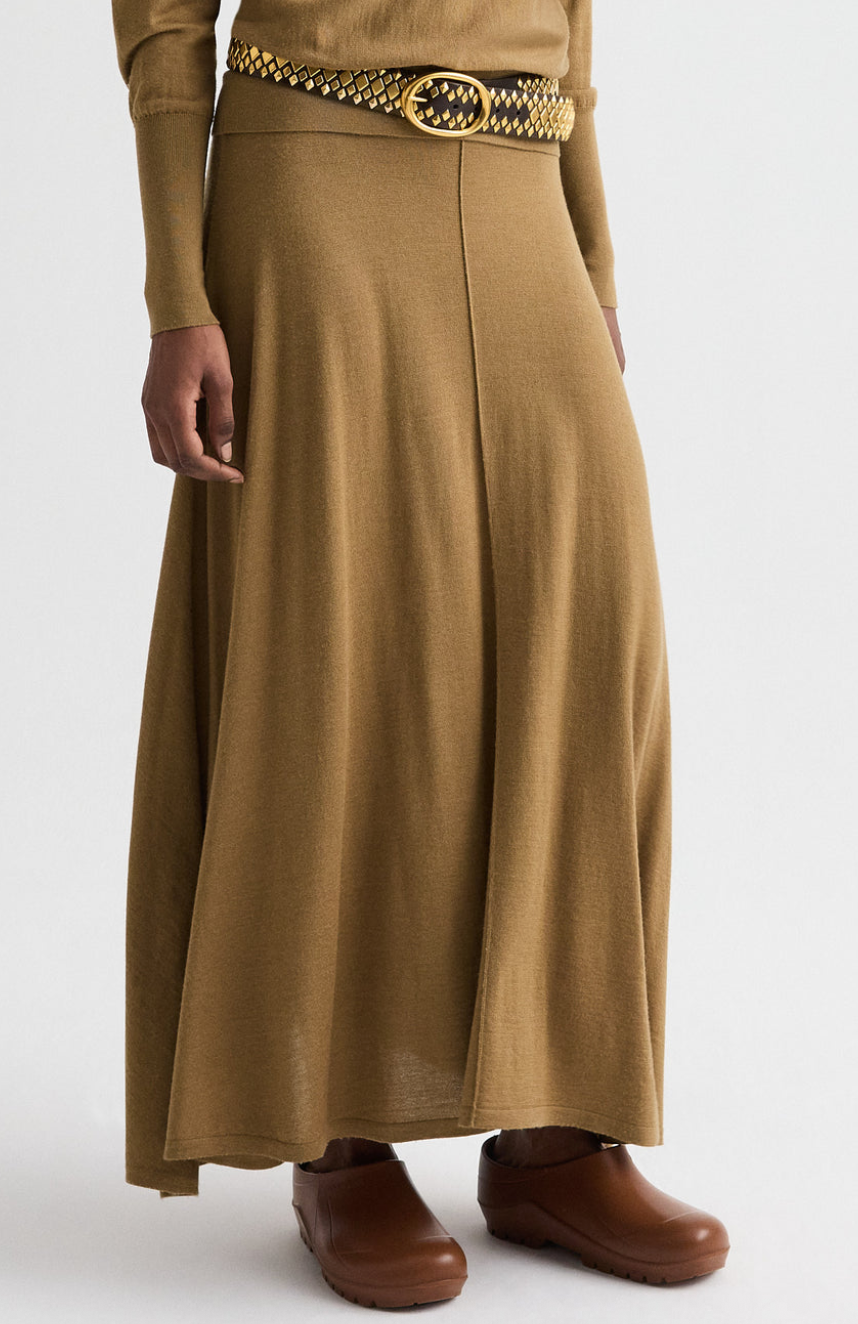 ermine hankercheif hem skirt with wide waistband in fine wool silk