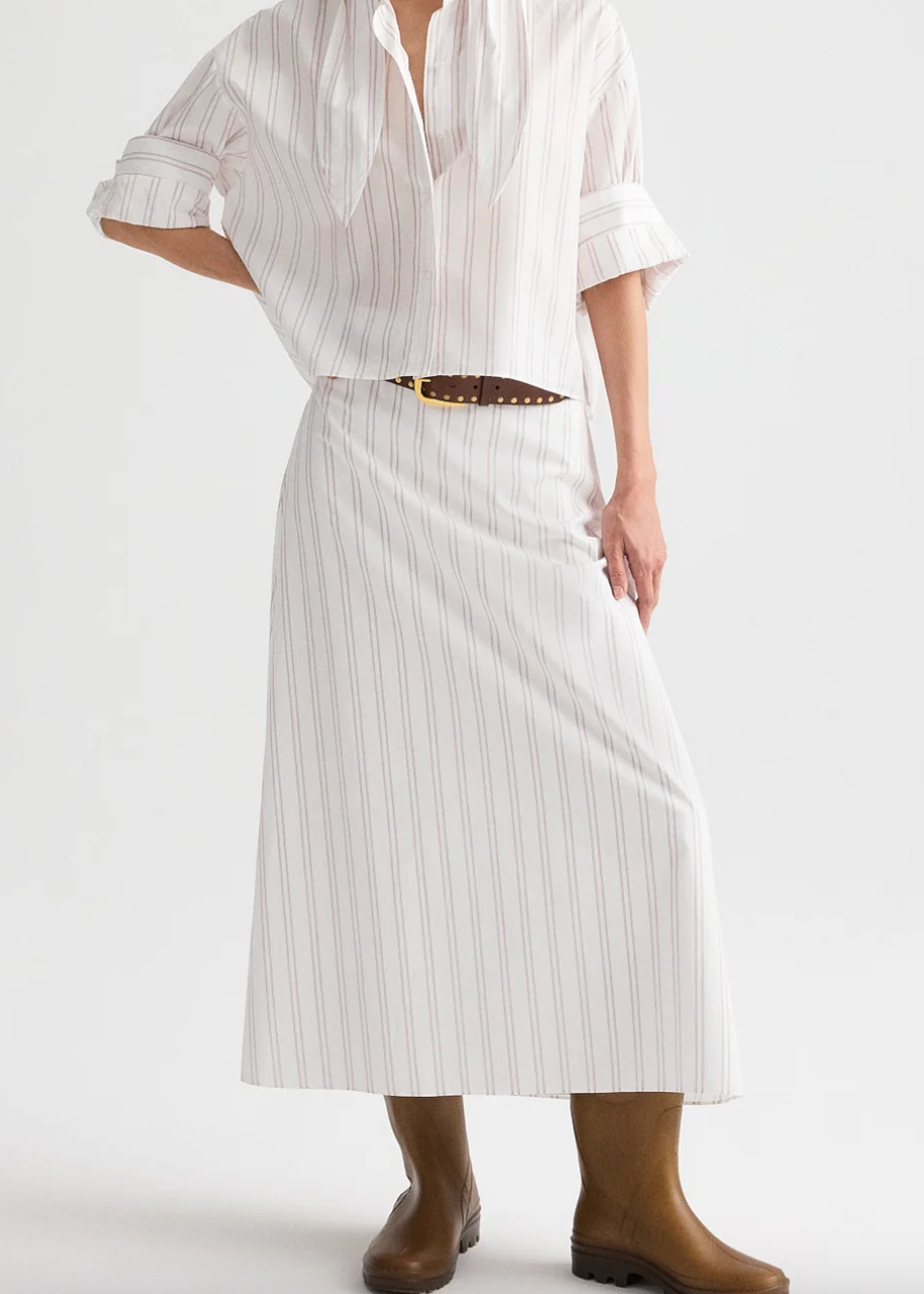 white / wine the a-line skirt in drop needle double stripe