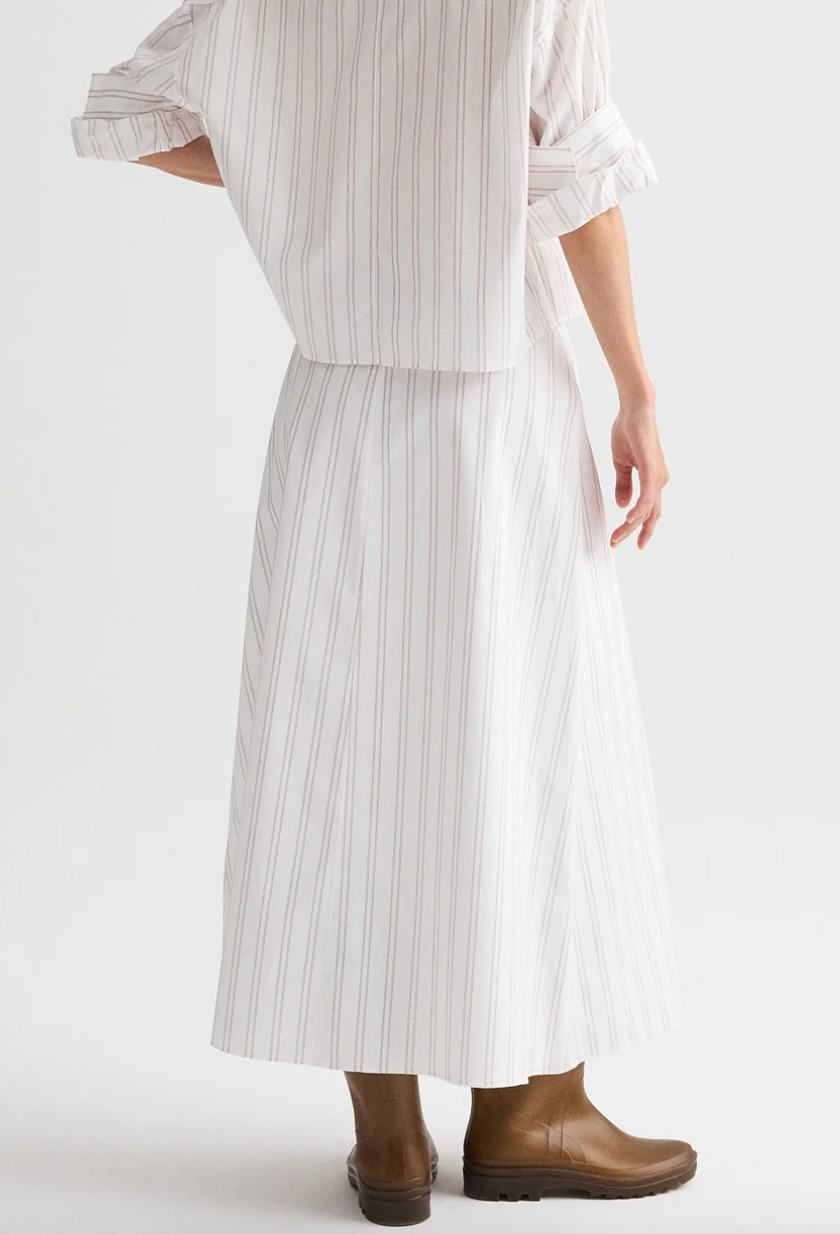 white / wine the a-line skirt in drop needle double stripe
