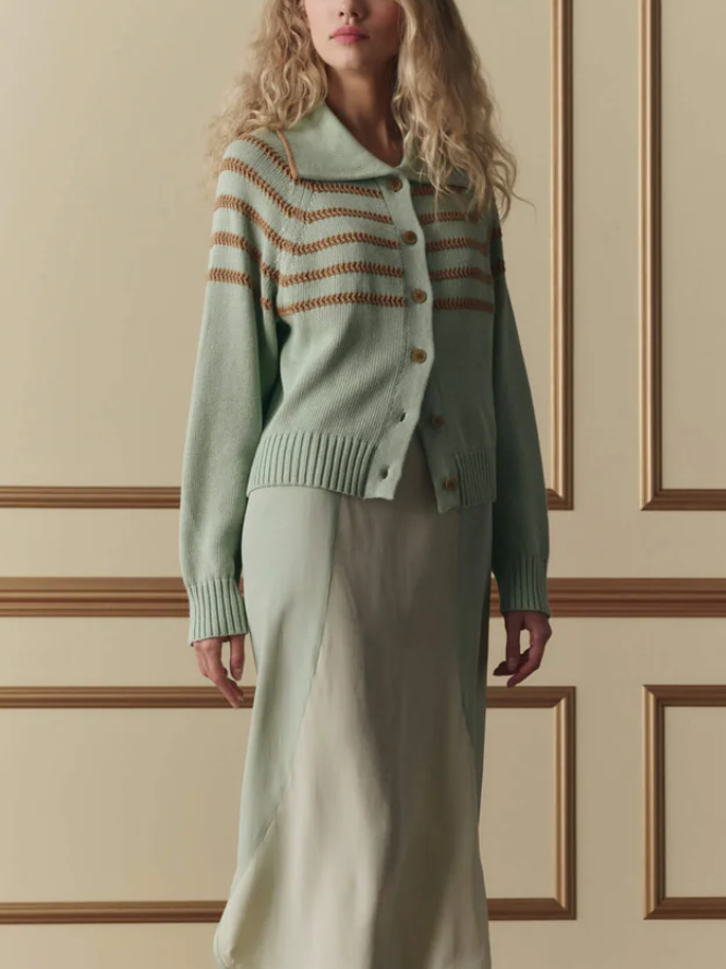 the scholar cardigan w/ crochet stripes seafoam