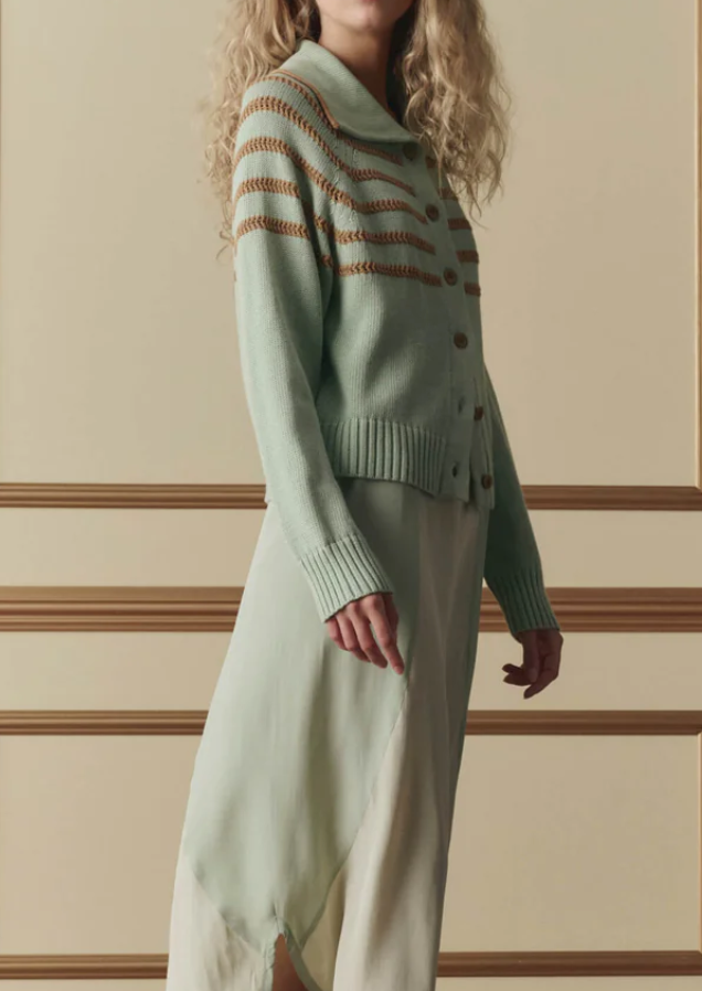 the scholar cardigan w/ crochet stripes seafoam