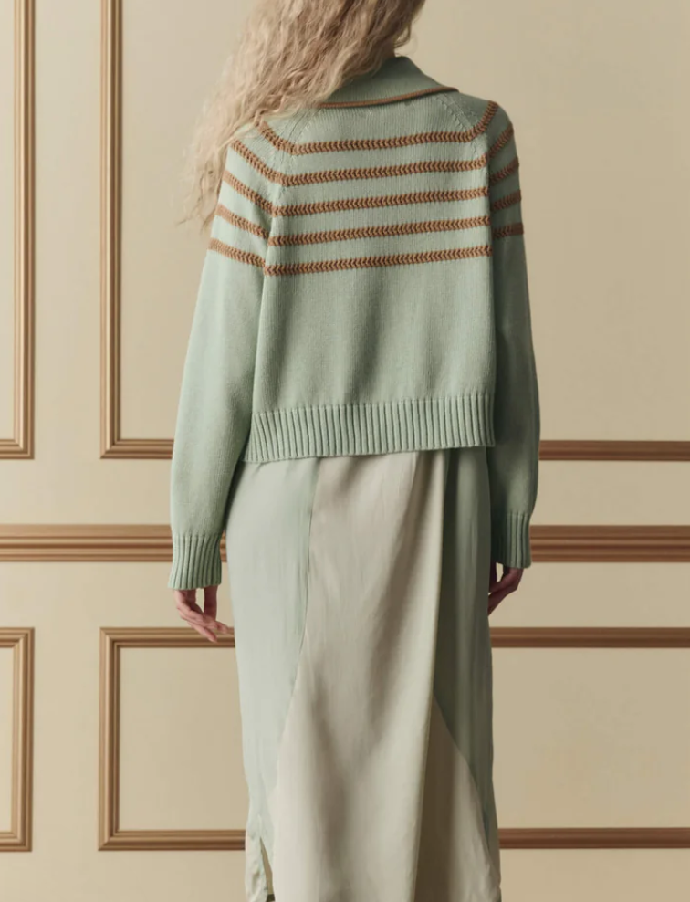 the scholar cardigan w/ crochet stripes seafoam