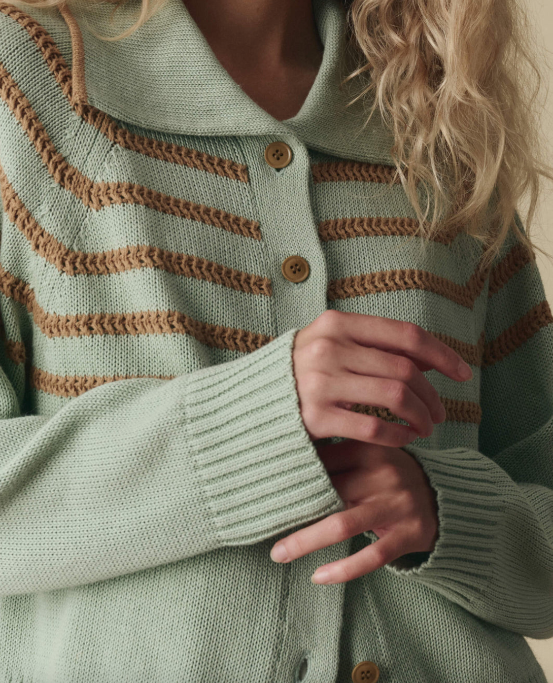 the scholar cardigan w/ crochet stripes seafoam