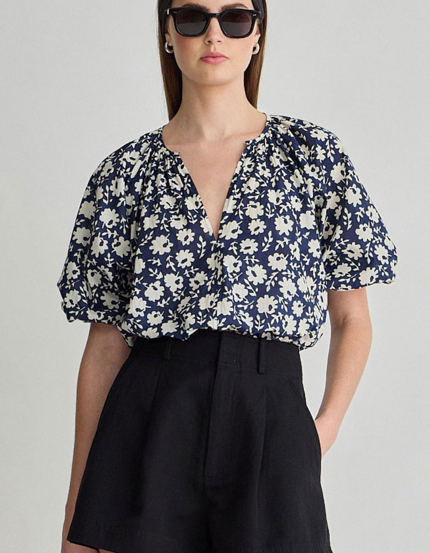 nele lantern sleeve top navy floral stamp