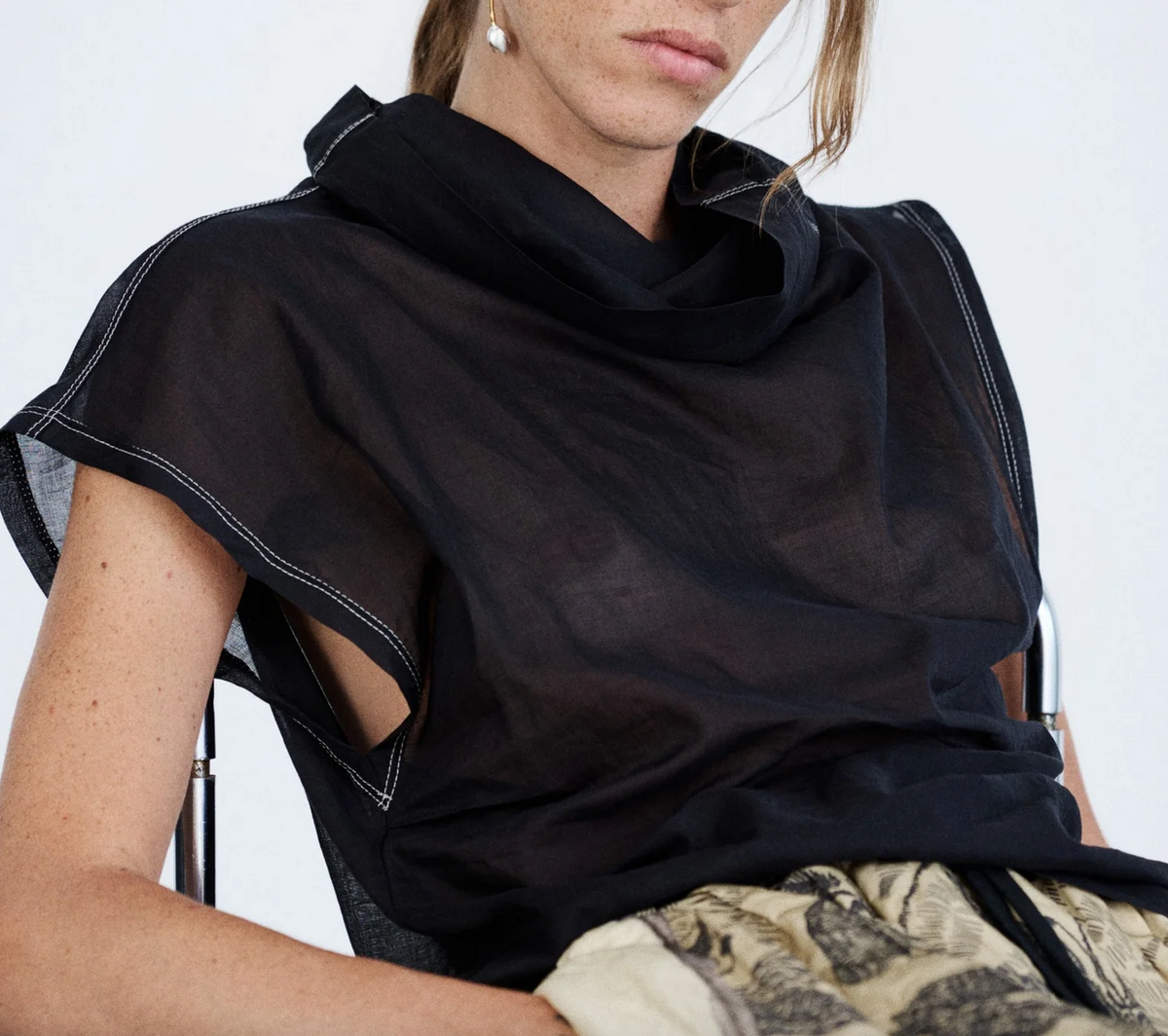 Papaya short sleeve black sheer muslin top