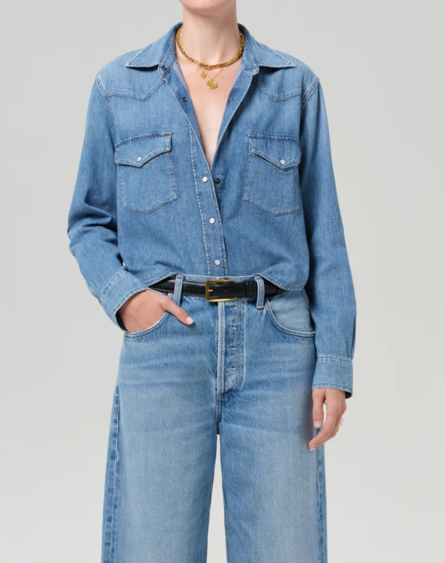Cropped western shirt in caroline blue