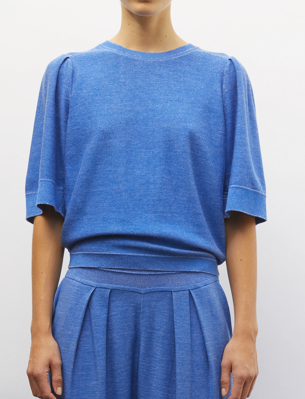 tournesol pleated elbow length sleeved knit top royal blue denim