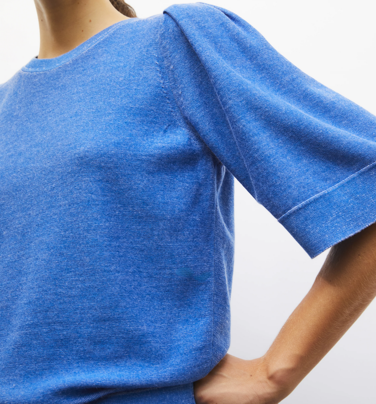 tournesol pleated elbow length sleeved knit top royal blue denim