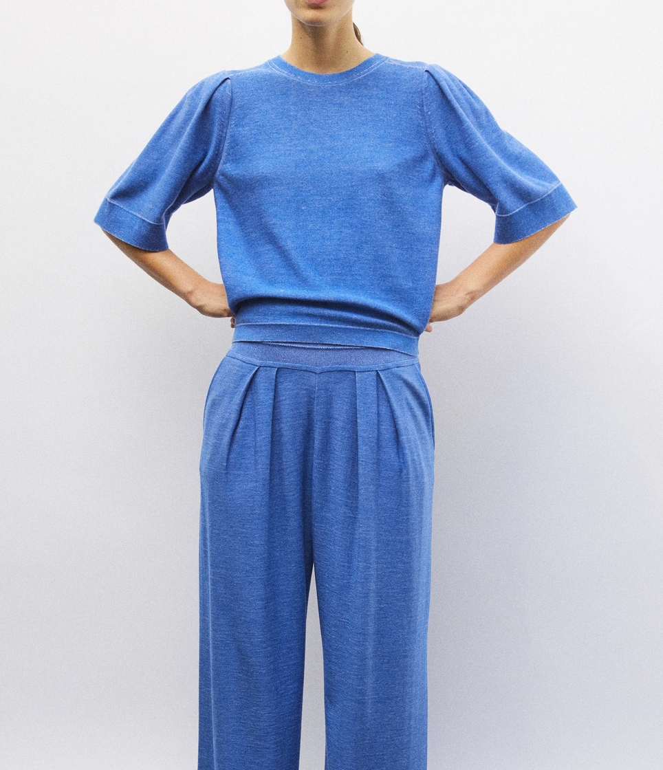 tournesol pleated elbow length sleeved knit top royal blue denim