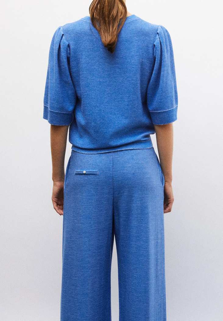 tournesol pleated elbow length sleeved knit top royal blue denim