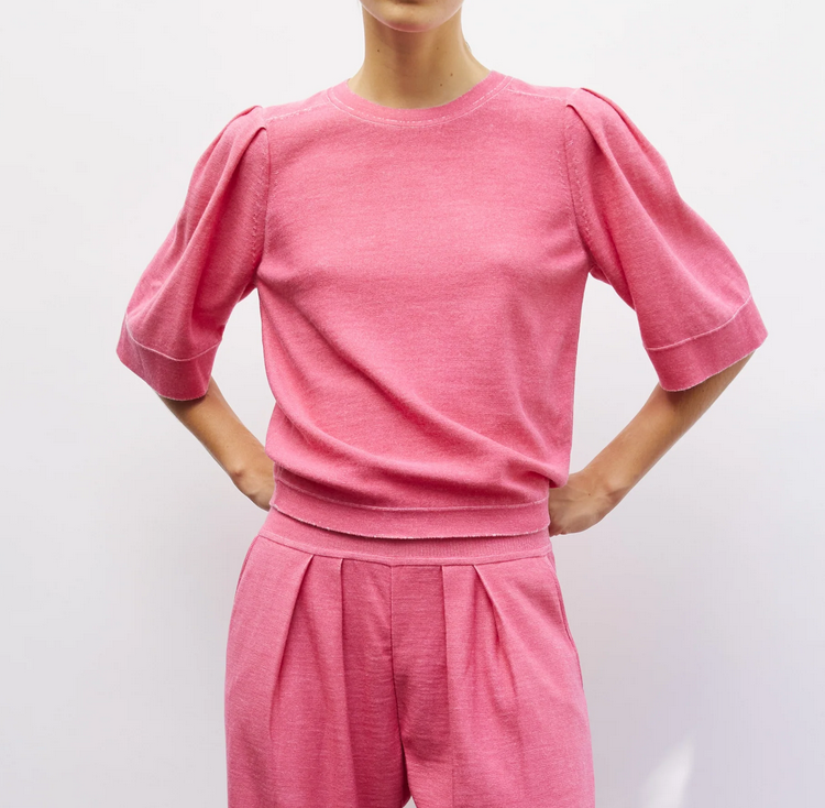 tournesol pleated elbow length sleeved knit top pink denim