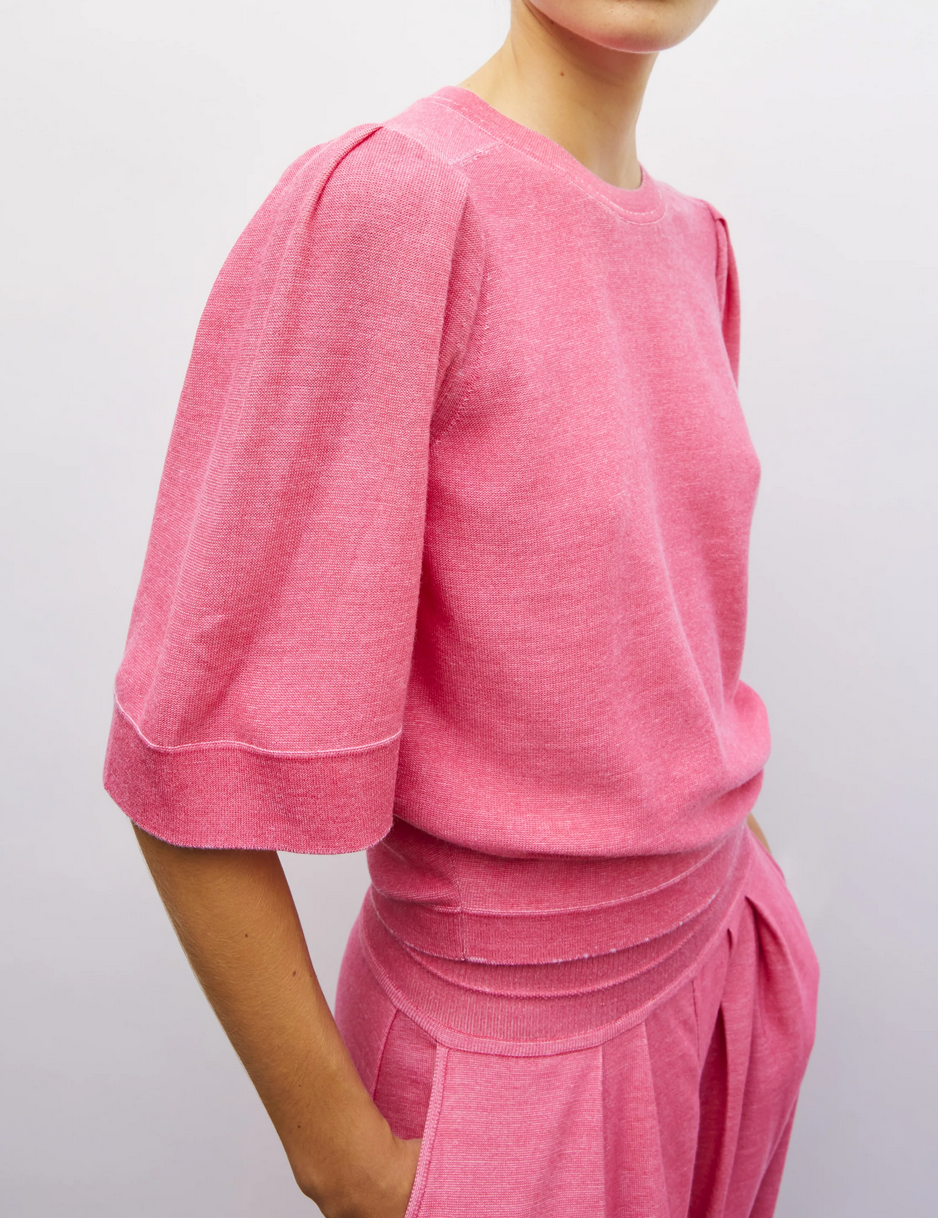 tournesol pleated elbow length sleeved knit top pink denim