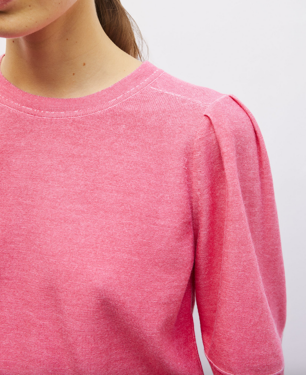 tournesol pleated elbow length sleeved knit top pink denim