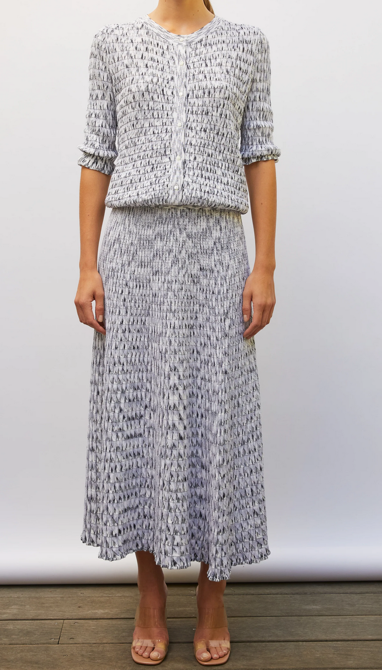cocktail fluid skirt in an origami knit milk multi grey