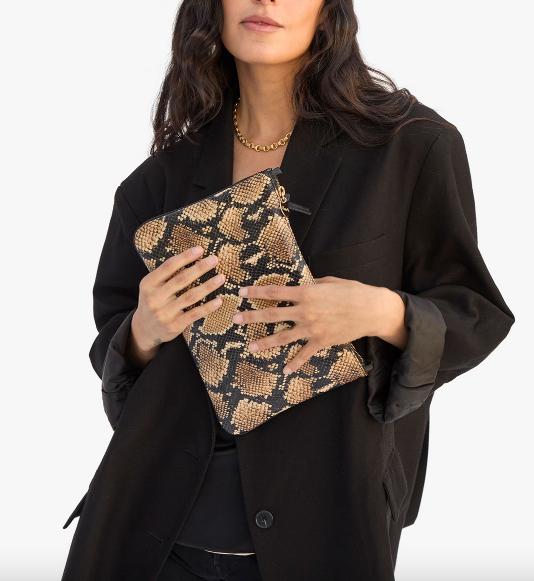 flat clutch w/ tabs tan desert snake + shortie strap checker