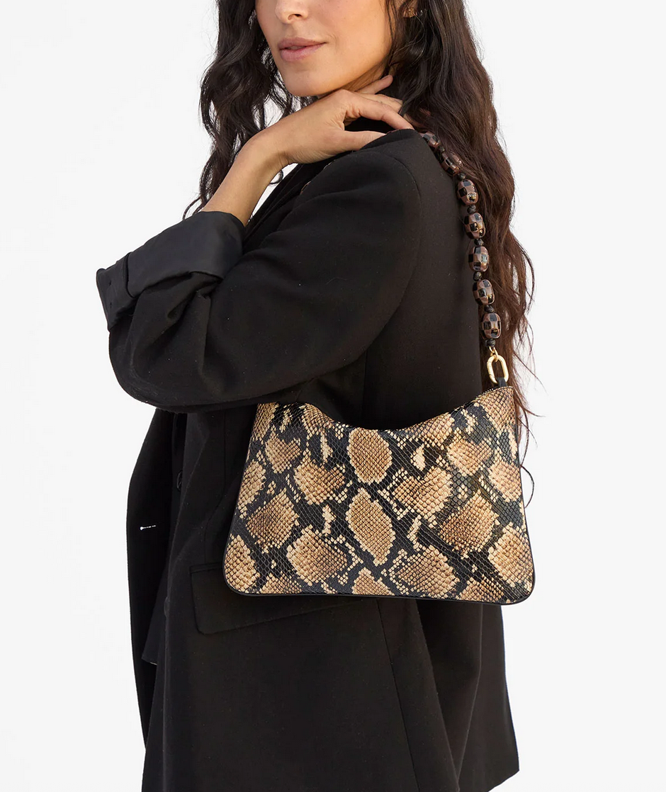 flat clutch w/ tabs tan desert snake + shortie strap checker