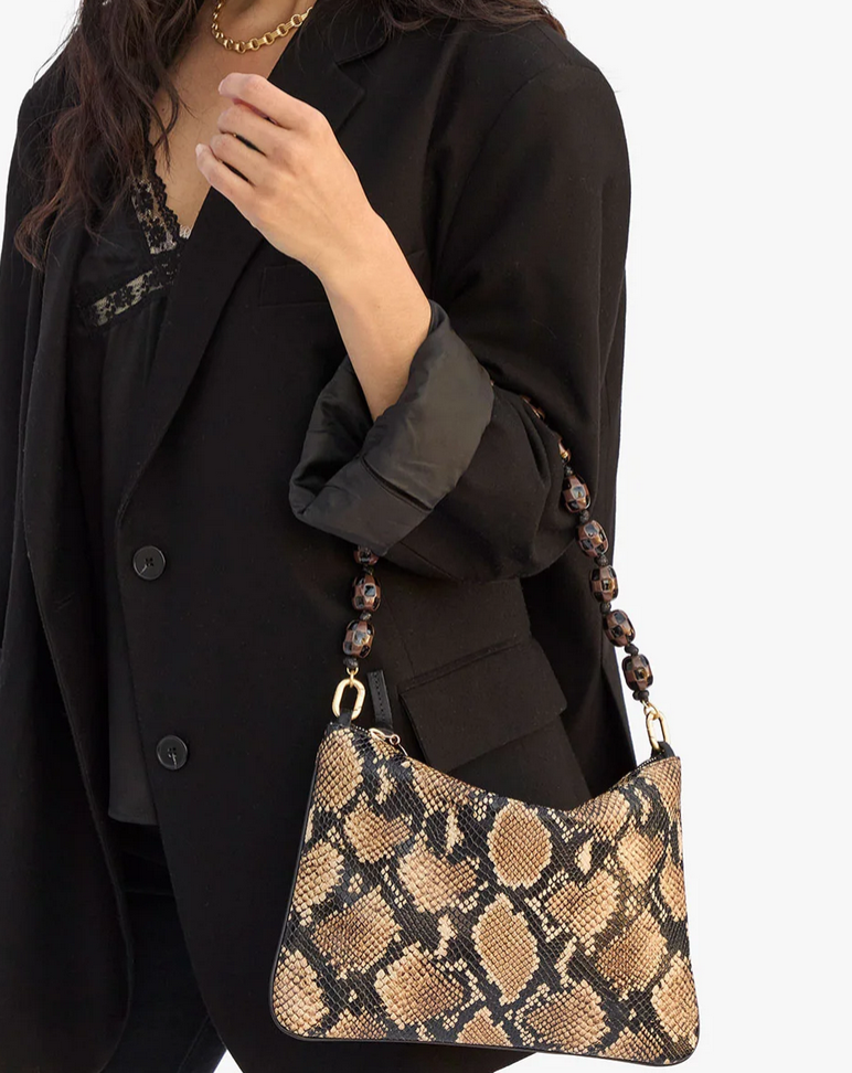 flat clutch w/ tabs tan desert snake + shortie strap checker
