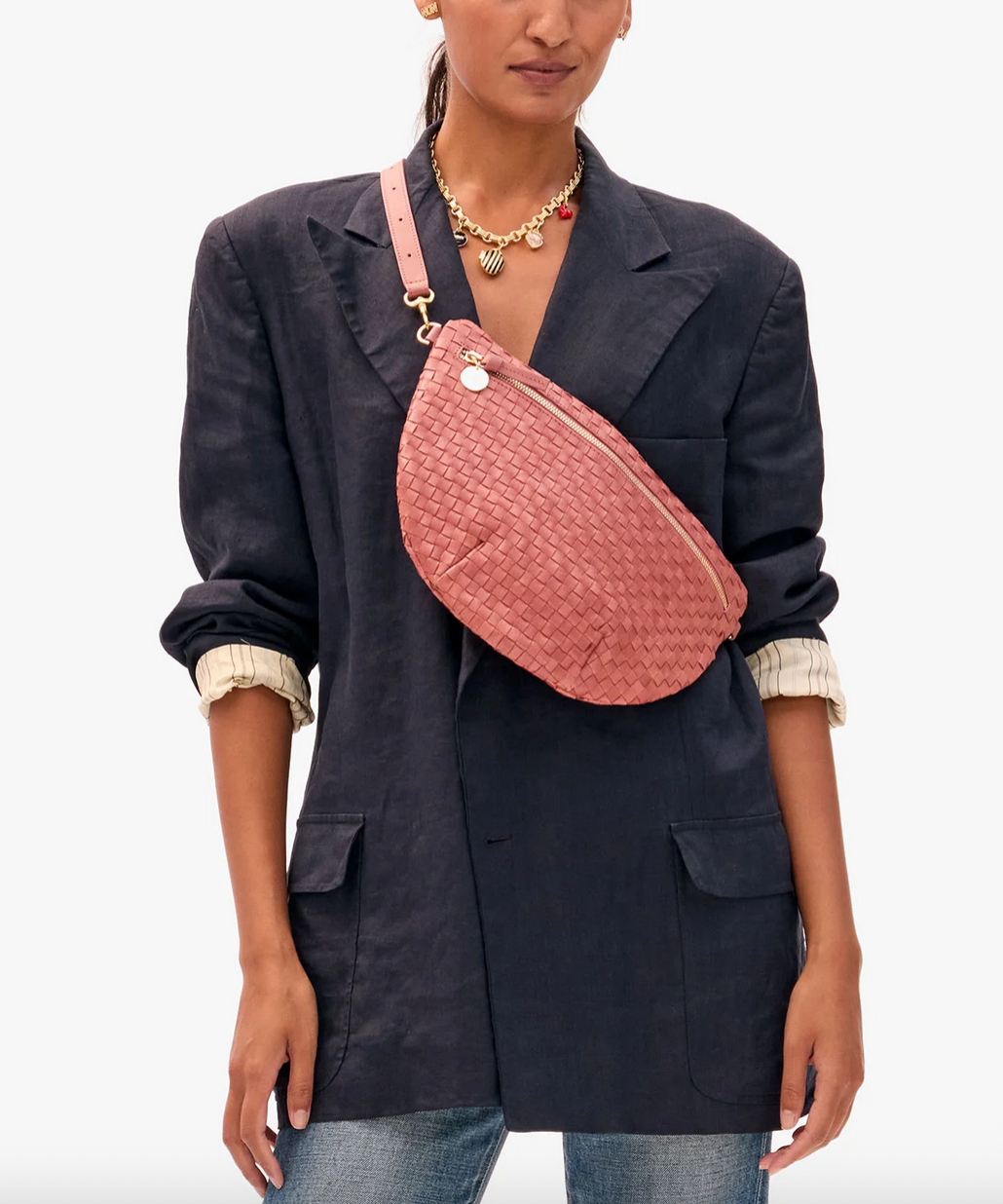 grande fanny rose clay woven checker + porcelain flower shortie strap