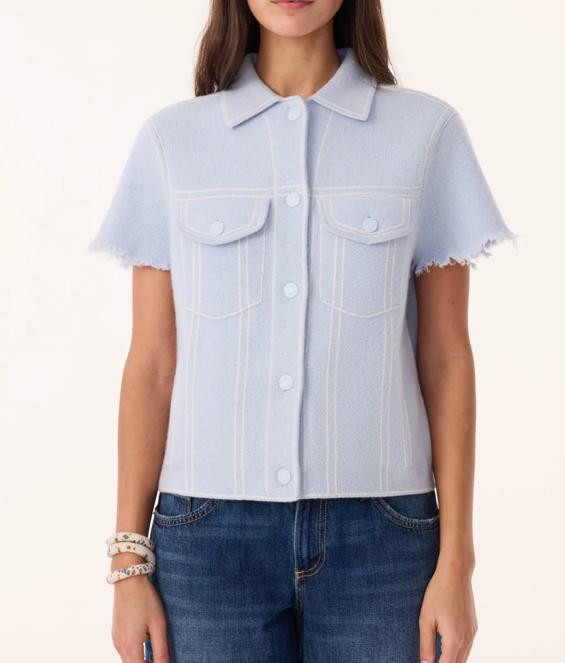 Jessinda Jacquard denim short cashmere jacket mist blue