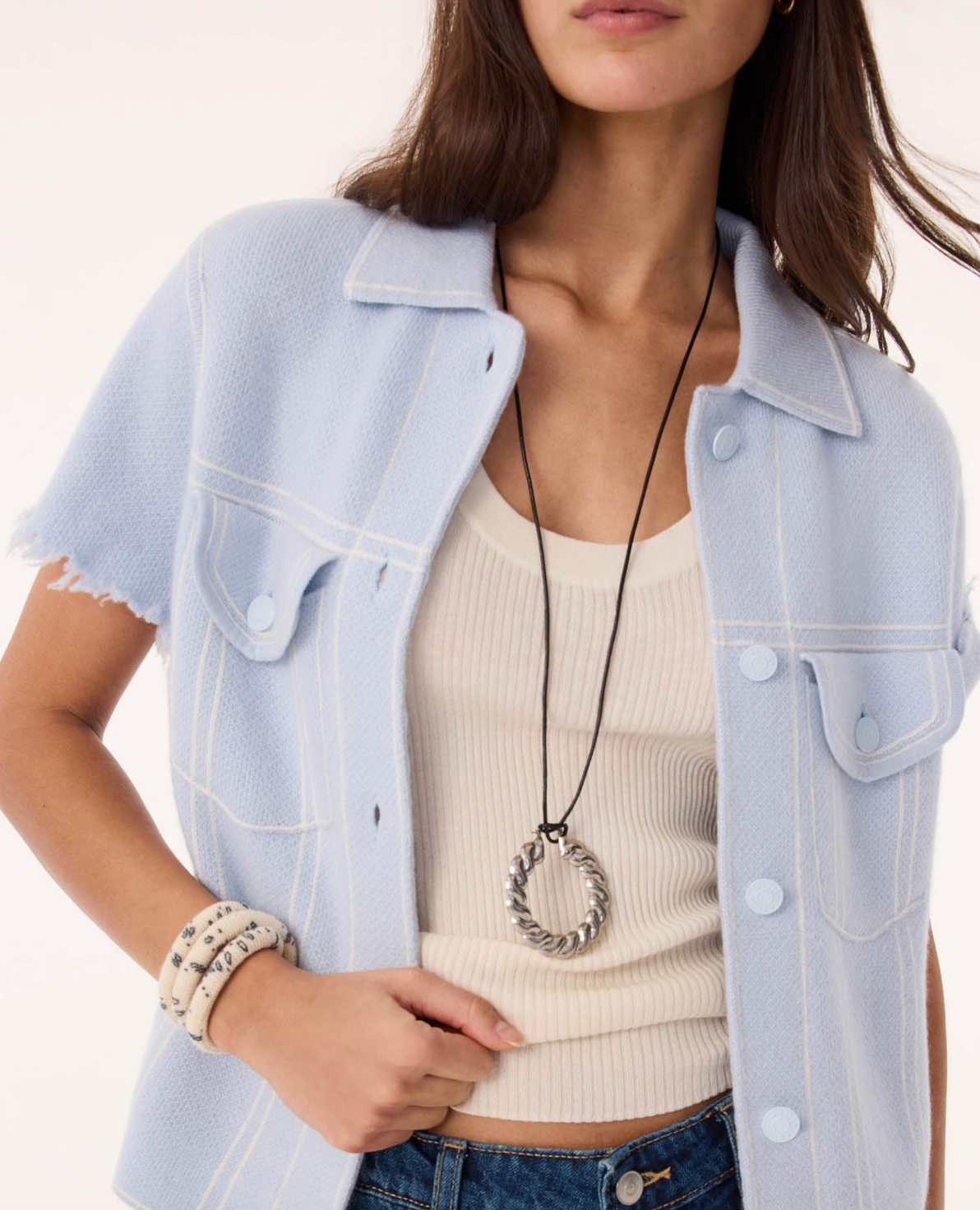 Jessinda Jacquard denim short cashmere jacket mist blue