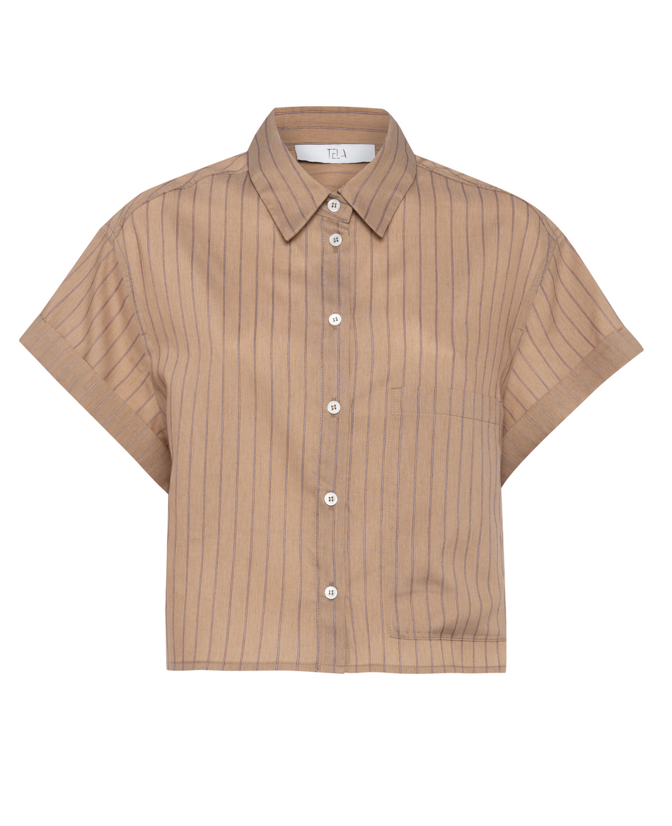 Rocky cropped short sleeve shirt in biscuit brown stripe