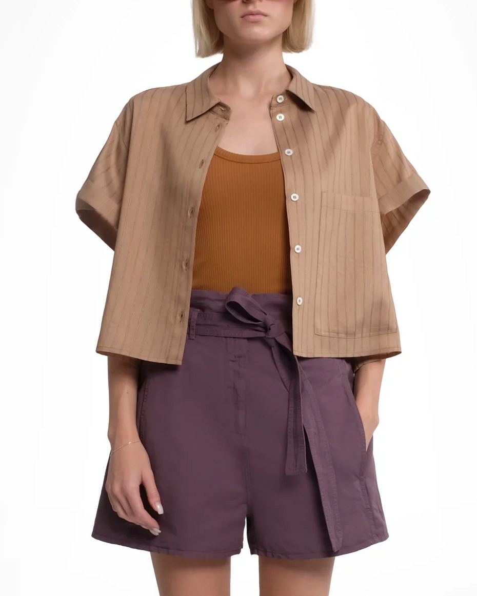 Rocky cropped short sleeve shirt in biscuit brown stripe