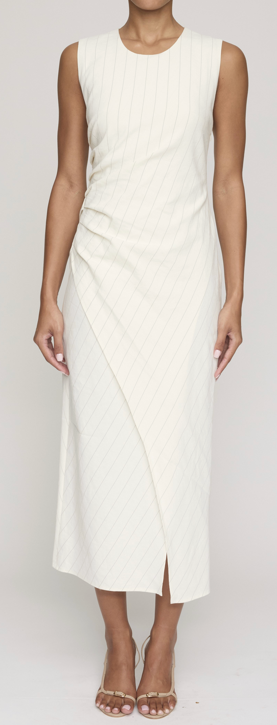Caroline Linen Pinstripe Midi Dress Pearl/Brown