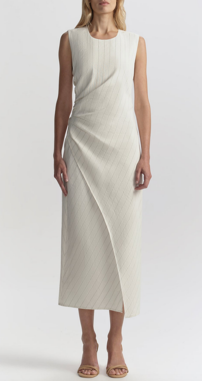Caroline Linen Pinstripe Midi Dress Pearl/Brown