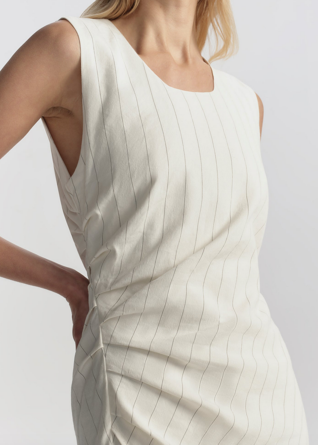 Caroline Linen Pinstripe Midi Dress Pearl/Brown
