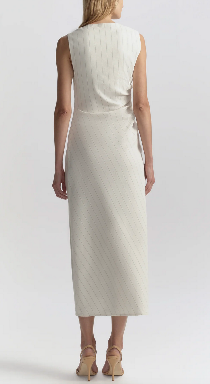 Caroline Linen Pinstripe Midi Dress Pearl/Brown