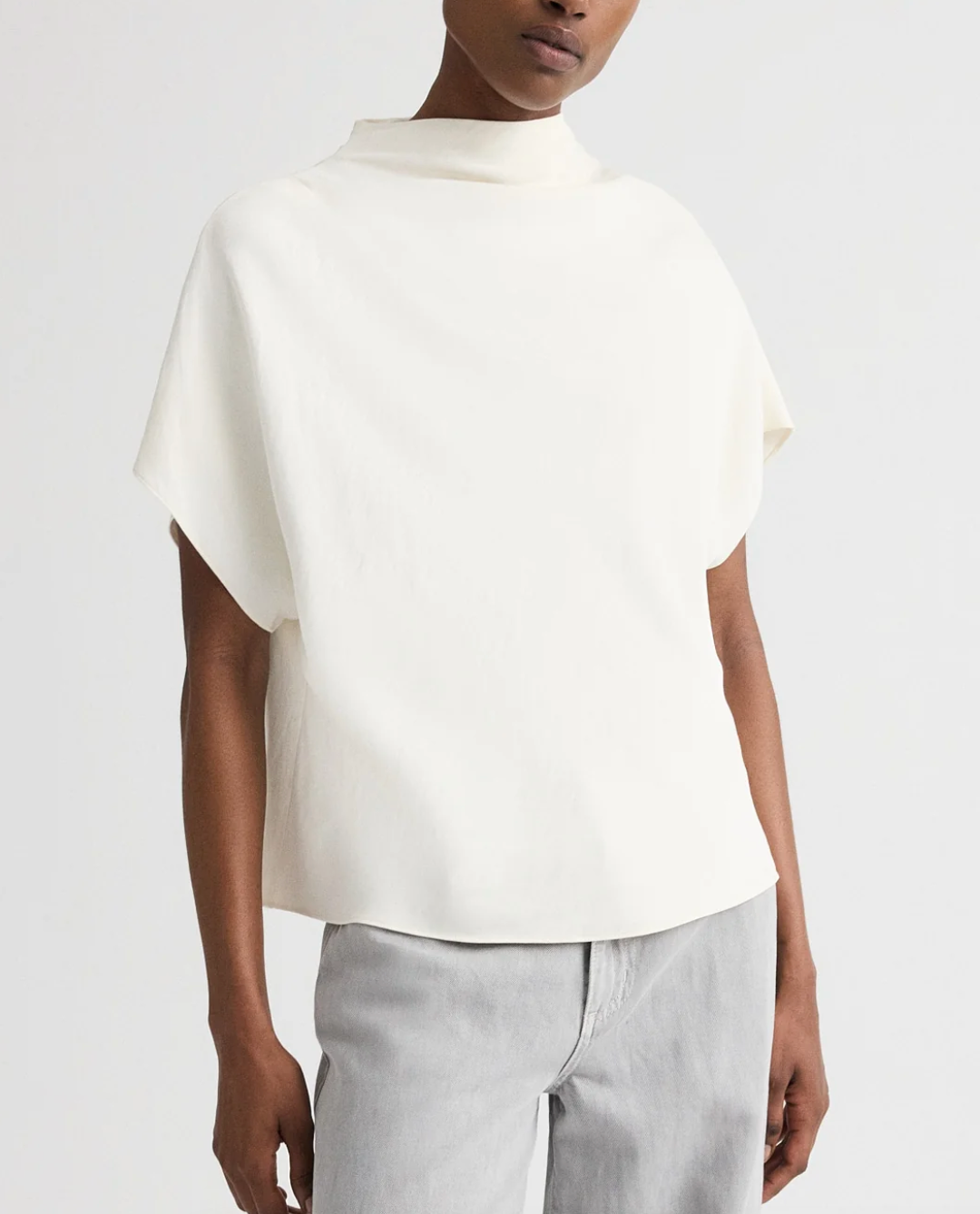 bone mock neck tee in coated viscose linen