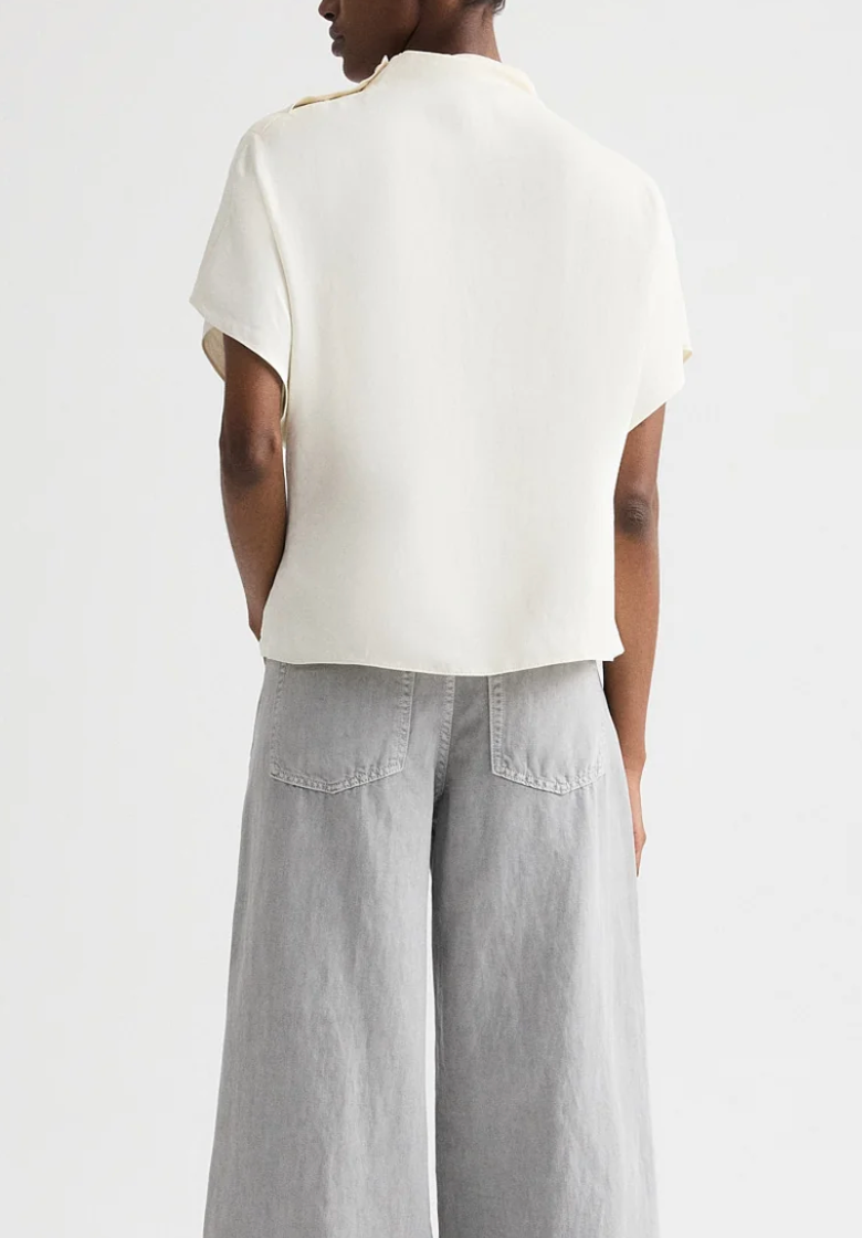 bone mock neck tee in coated viscose linen