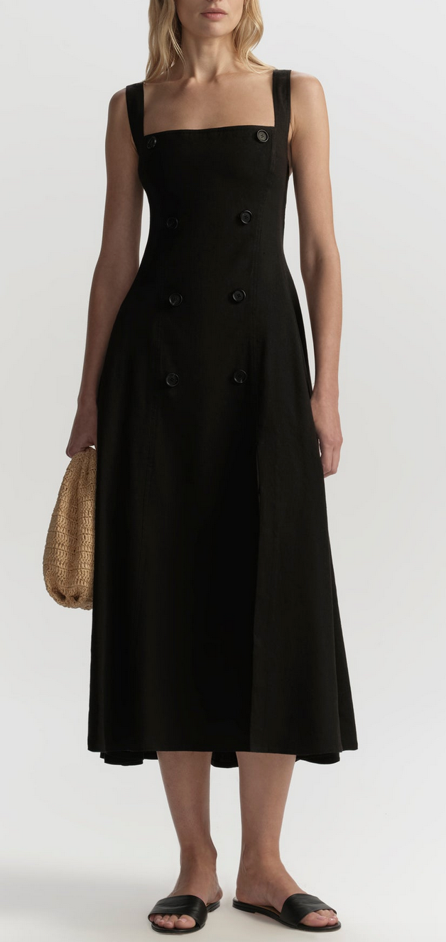 hayes button front linen midi dress black